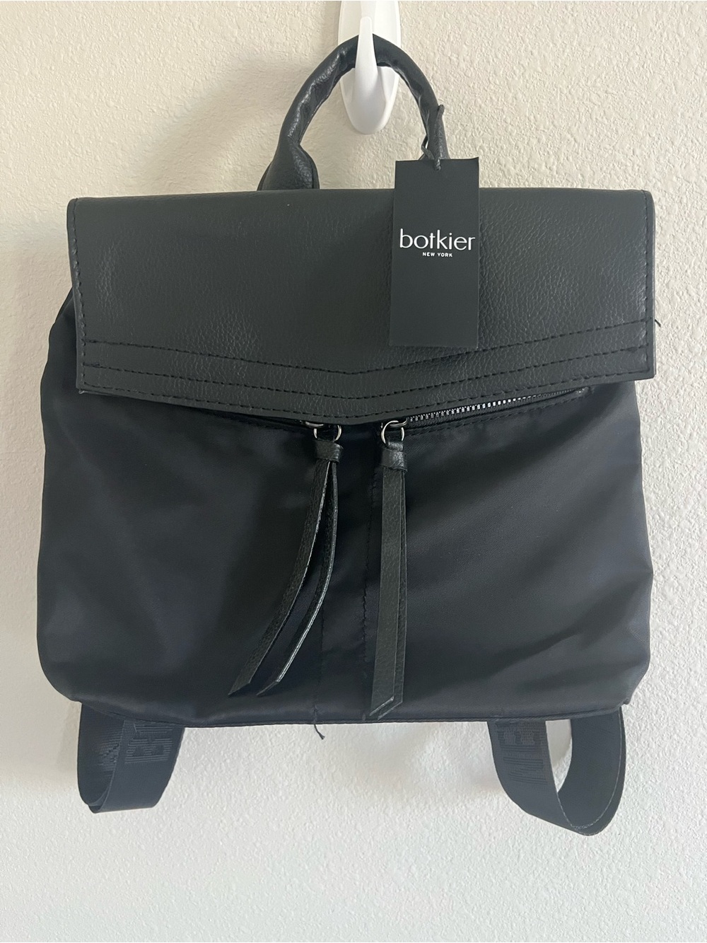 Botkier NWT Backpack Purse Black Nylon Trigger Mini Concert Bag w/Leather Flap